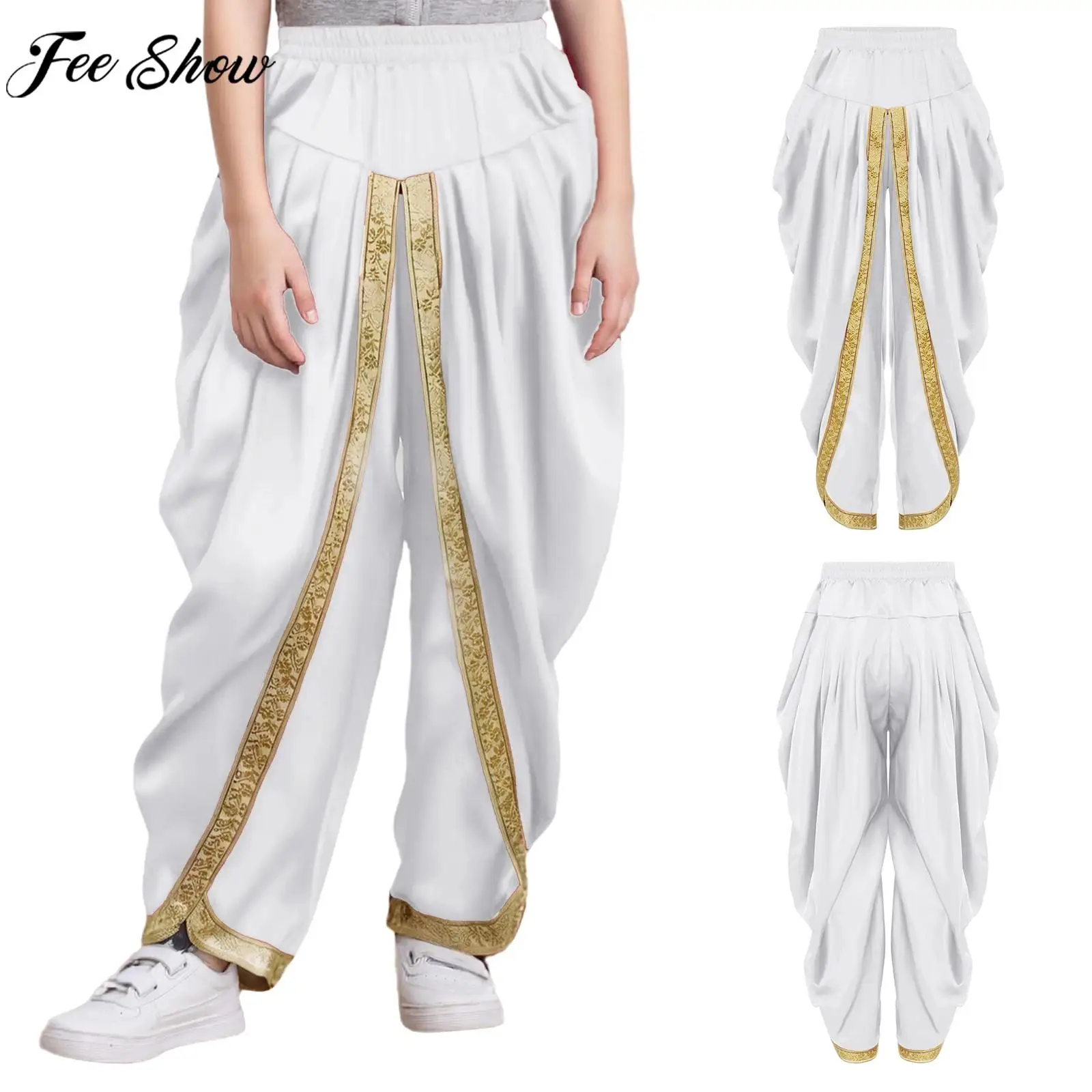 

Атласные брюки Dhoti для мальчиков и девочек, тематическая вечеринка на Хэллоуин, маскарад, индийский костюм для косплея, повседневные драпированные мешковатые брюки