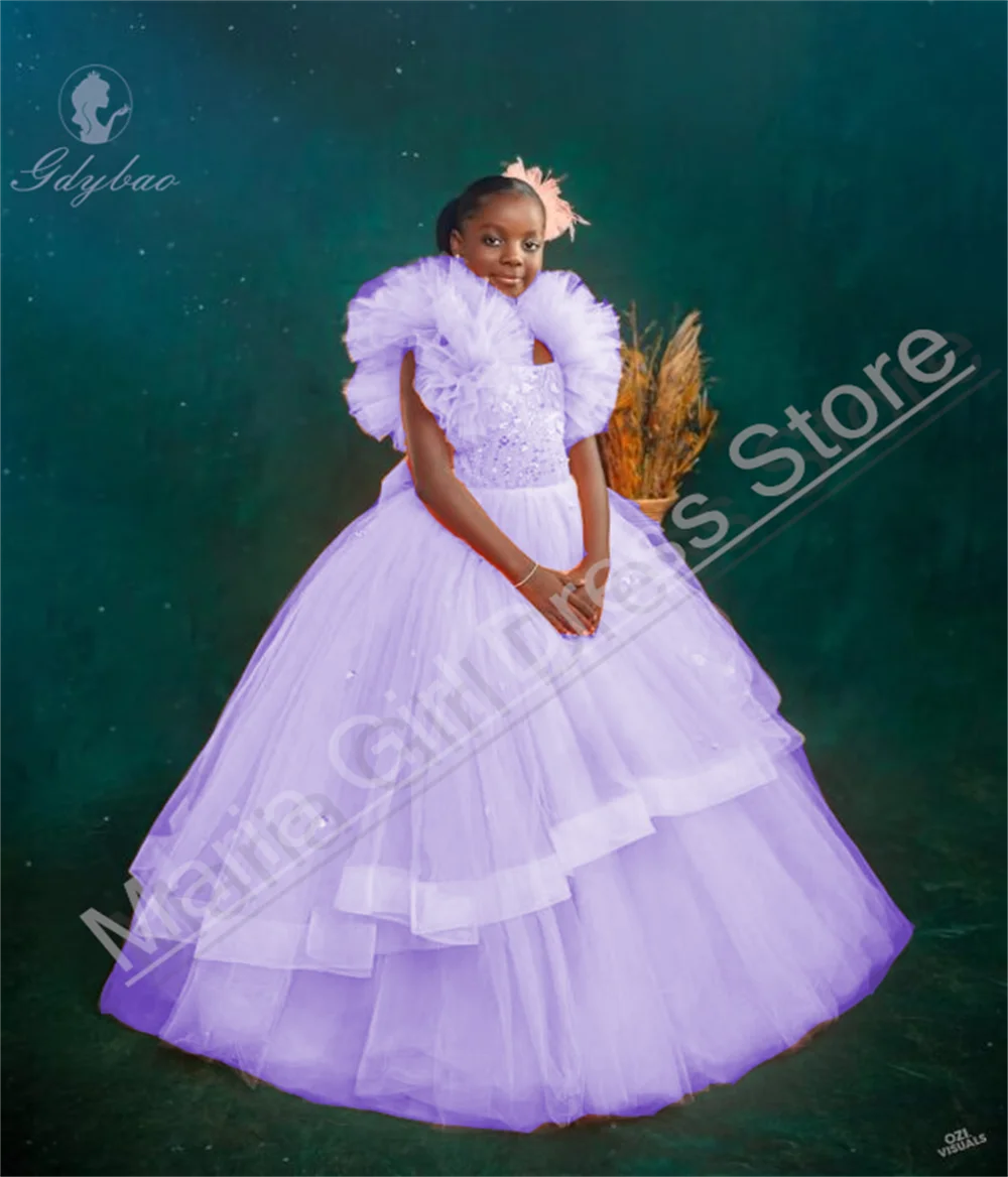 Vestido de aniversário para meninas, gola quadrada, manga bufante, lantejoulas, renda, babado, adequado para casamento, primeira comunhão