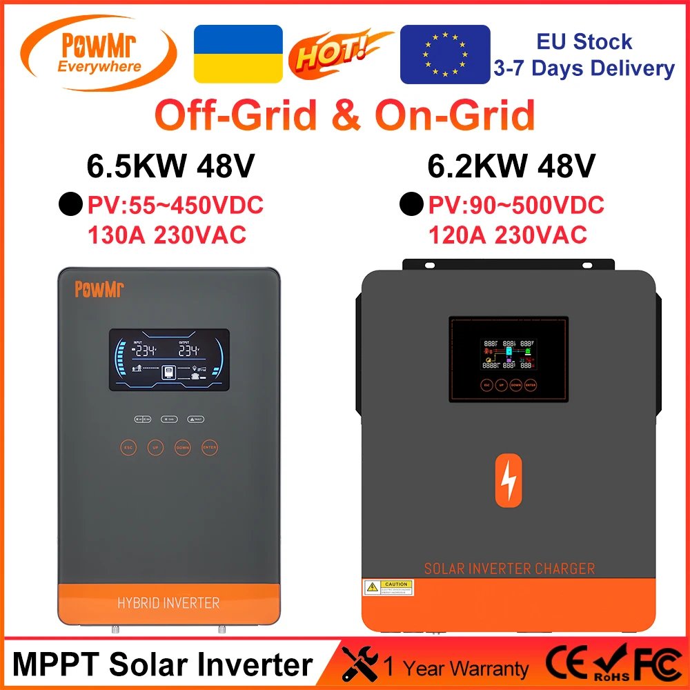 PowMr 6.2KW 4.2KW 6.5KW 4.5KW Off-Grid Hybrid Solar Inverter 48V 24V to 230VAC MPPT 120A 130A 150A Charger Low Start PV 55/60VDC