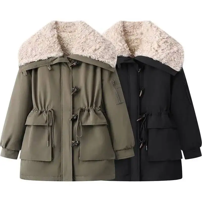 

Женские парки средней длины, осенне-зимняя куртка-пуховик на пуговицах с меховыми лацканами, женское пальто с завязками на талии, имитация овечьей шерсти