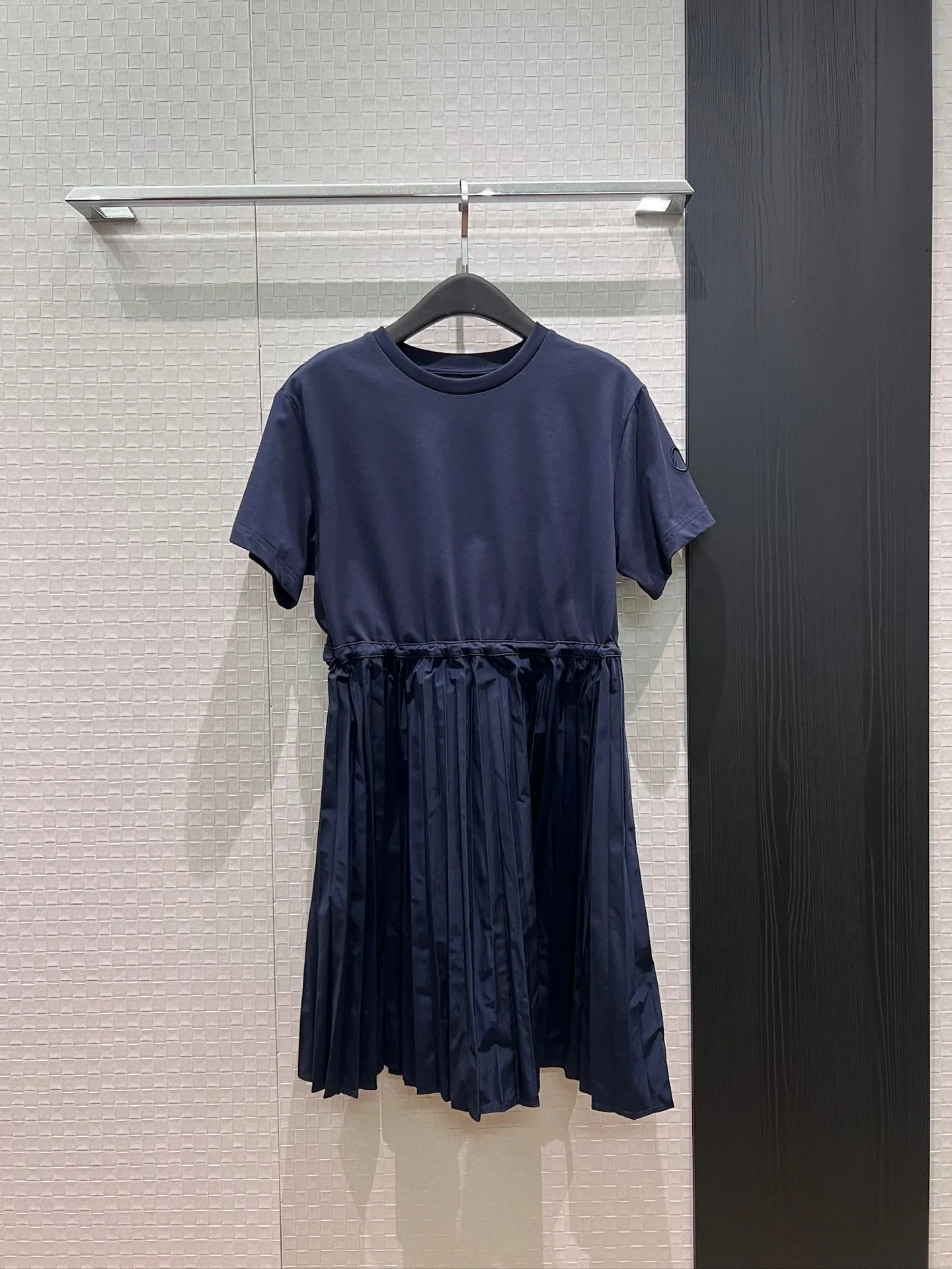 2026 Summer Splicing Design Drawstring Waist Round Neck Short Sleeve pleated Dress