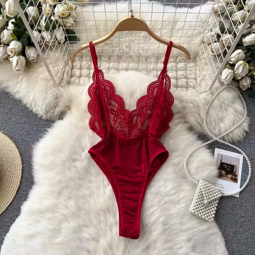 

New In Women's Pajamas Sexy Black Sleepwear Strap Lace Patchwork Bodycon Playsuit Backless Slim Lady's Bodysuits Secret Clothing