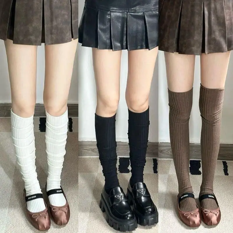 

1/2 Pairs Women Autumn Winter Striped Knee Length Stockings Warmth Comfort Fashion Simplicity Solid Color JK Casual Socks