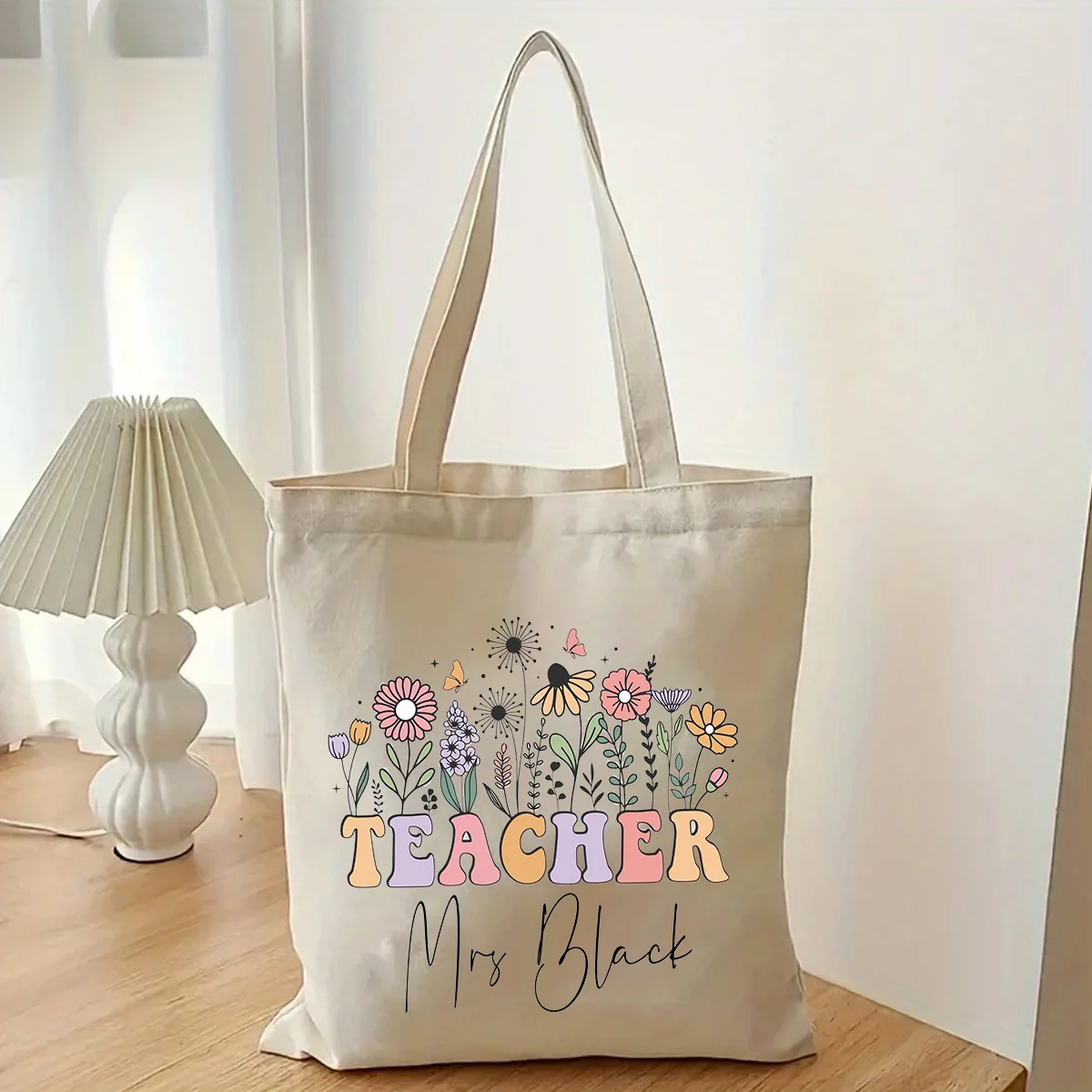 Customizable Creative Floral Colored Letter Design Shoulder Bag for Teacher's Day Featuring Personalized Text and Names