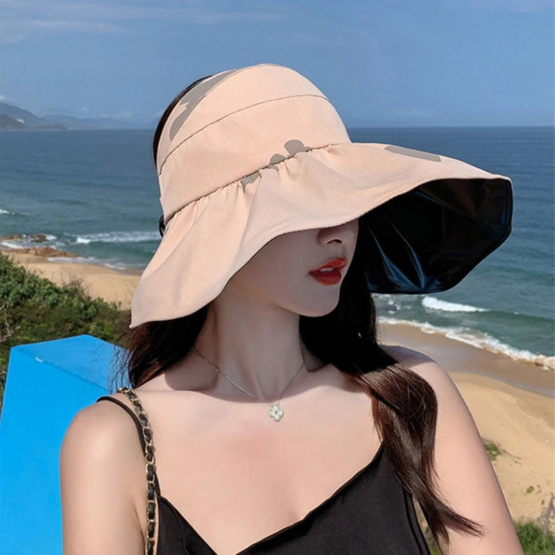 Fold Summer Solid Beach Hat Wide Brim Open Top Sun Hat Women Anti-UV Protection Hiking Fisherman Cap