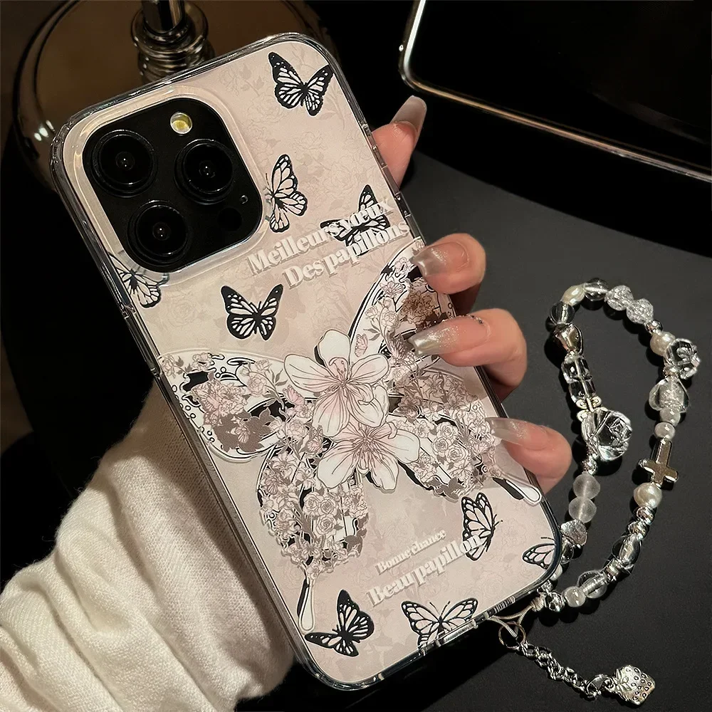 Dubbellaags Gedrukt Dromerige Rose Vlinder Telefoonhoesje voor IPhone 16 15 14 12 13 11 Pro Pro Max Plus X XR Schokbestendige Telefoon Cover