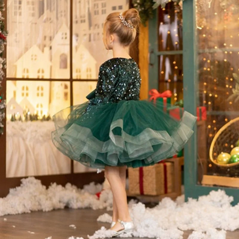 Red Flower Girl Dresses Puffy Sequin With Bow Knee Length Long Sleeve For Wedding Birthday Party Banquet Princess Gowns