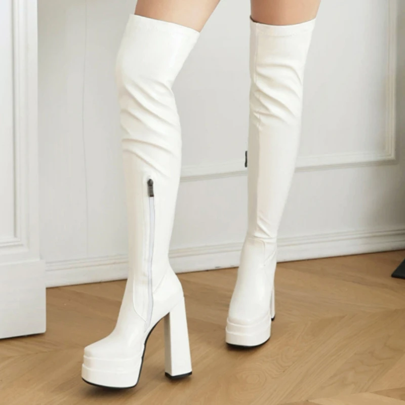 Punk Style Elastic Thigh High Boots Platform Autumn Winter Dance Nightclub Boots Thick Heel Platform Footwear Shoes Large Size