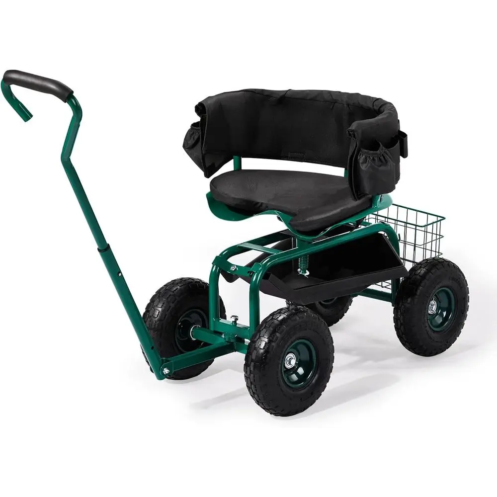 

Adjustable Swivel Garden Stool with Wheels, Storage Basket, and Steering Handle for Outdoor Lawn and Patio Use - Green