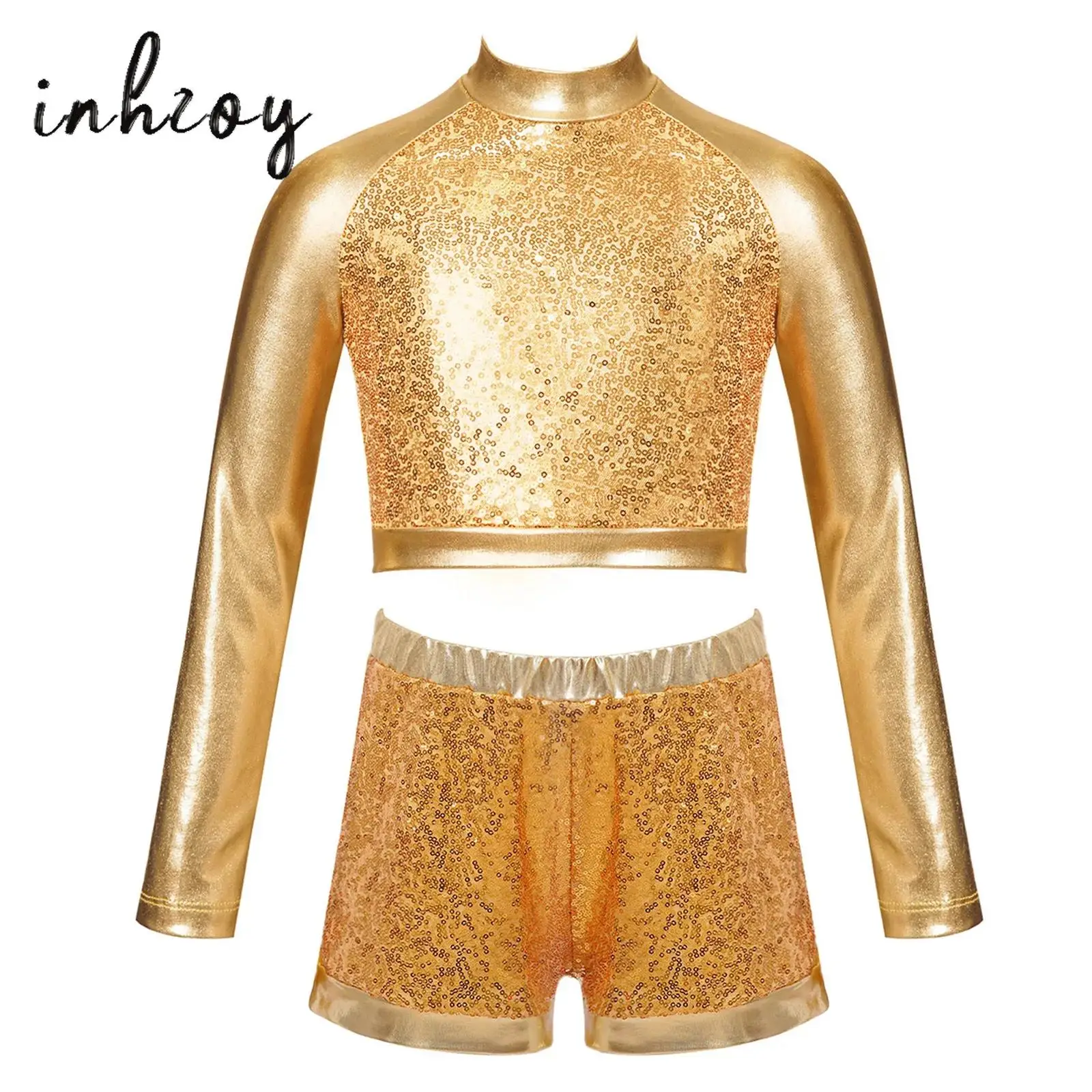 

Kids Girls Hip-hop Jazz Dance Costume Outfit Mock Neck Long Sleeve Front Shiny Sequin Crop Top with Sequined Metallic Shorts Set