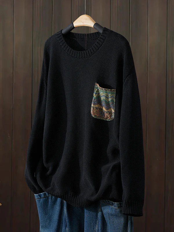 Autumn 2025 Women's Loose Knitted Sweater Cotton Tead Floral Patchwork ket Casual Large Size round Ne Base irt