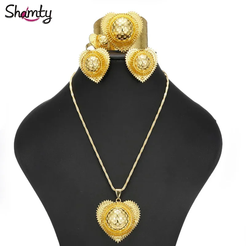 Shamty Heart-Shaped Ethiopian Sets Jewelry For Women Habasha Style Wedding Pure Gold Color Set African A300057