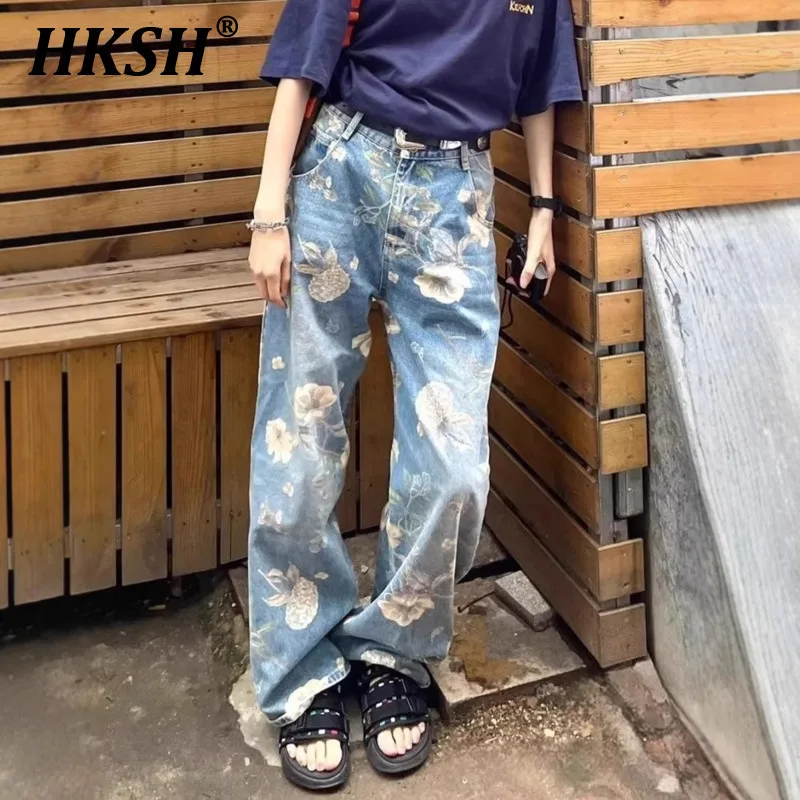 

HKSH весна лето новые мужские джинсы с принтом в стиле панк женские Ins High Street прямые свободные широкие брюки длиной до пола джинсовые брюки HK4569