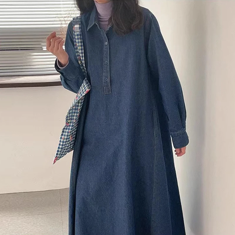 Korea Chic Big Swing French Style Vestidos Single Breasted Loose Mid-length Cowboy Dress Casual Long Sleeve Elegant Femme Robe