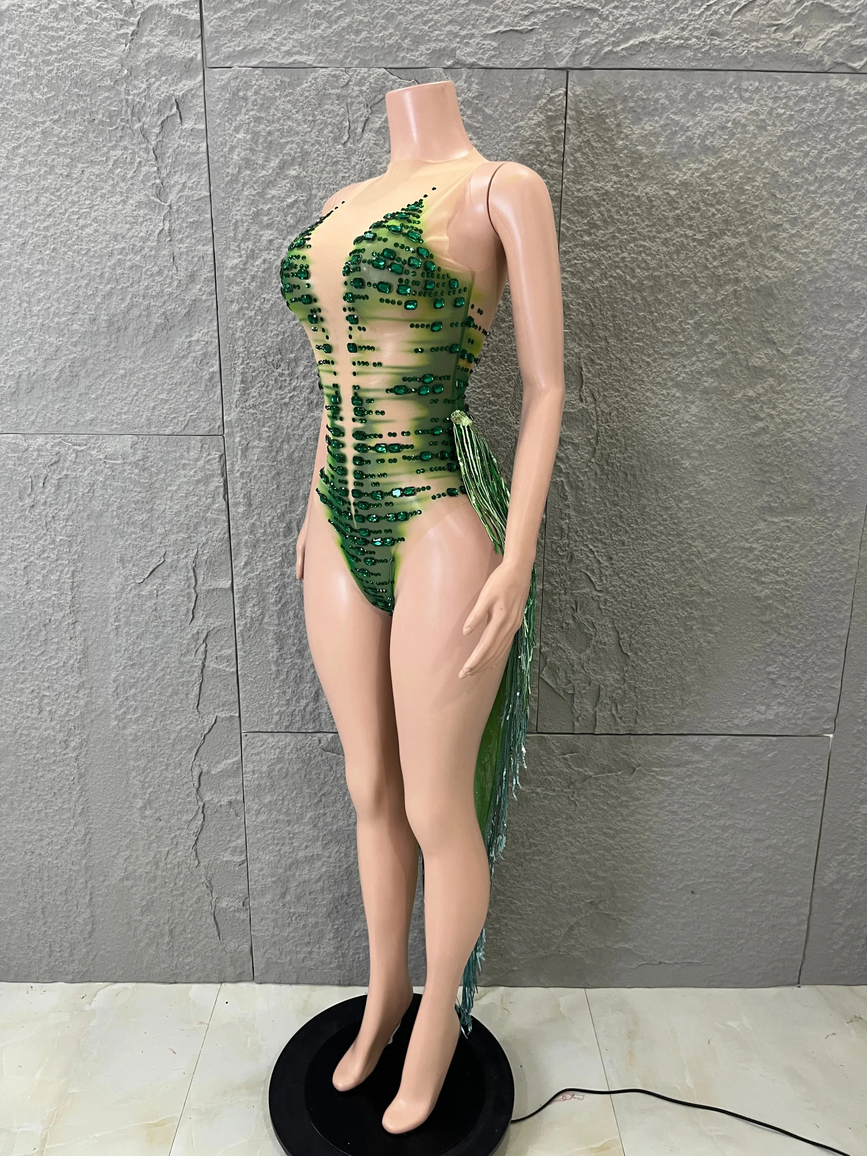 Sparkly Green Gradient Rhinestone Sheer Mesh Bodysuit with Tassel Fringe Versatile for Club Party Rave Night Out Streetwear