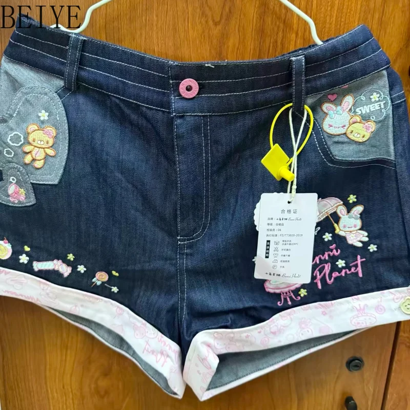 Japanese Style Original Denim Shorts for Women Heavy Industry Embroidery Kawaii Girs' Shorts Summer Sweet Casual Short Pants
