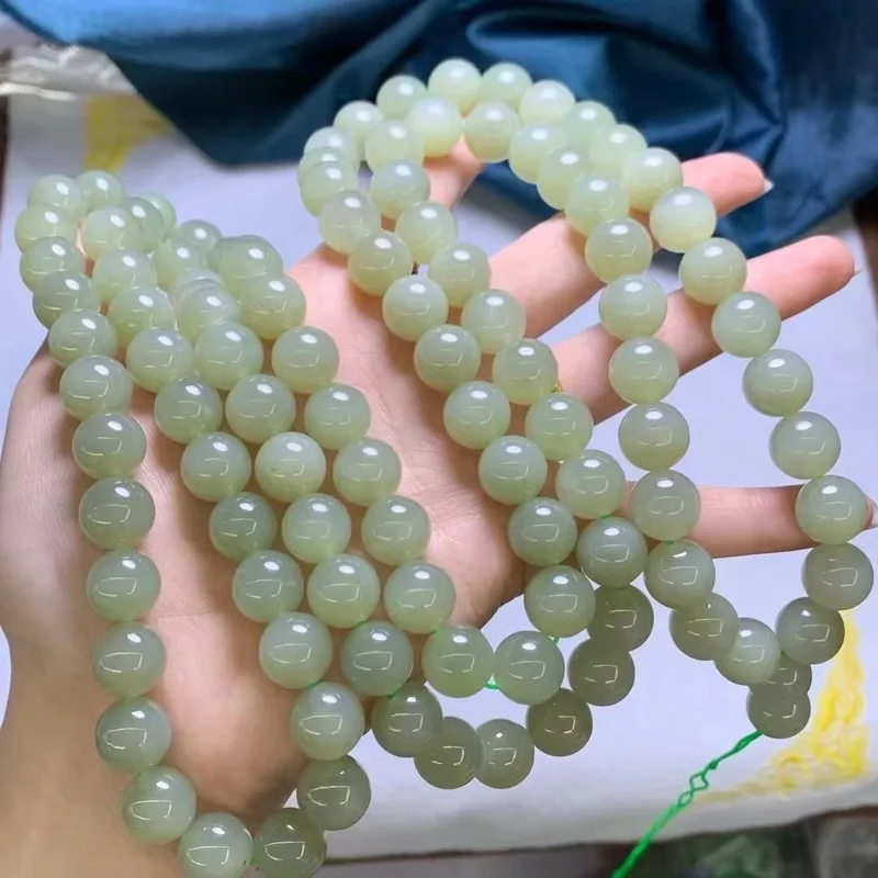 Hetian Jade Qinghai Material Buddhist 12Mm Round Beads Multi-Loop Bracelet With Long Chain