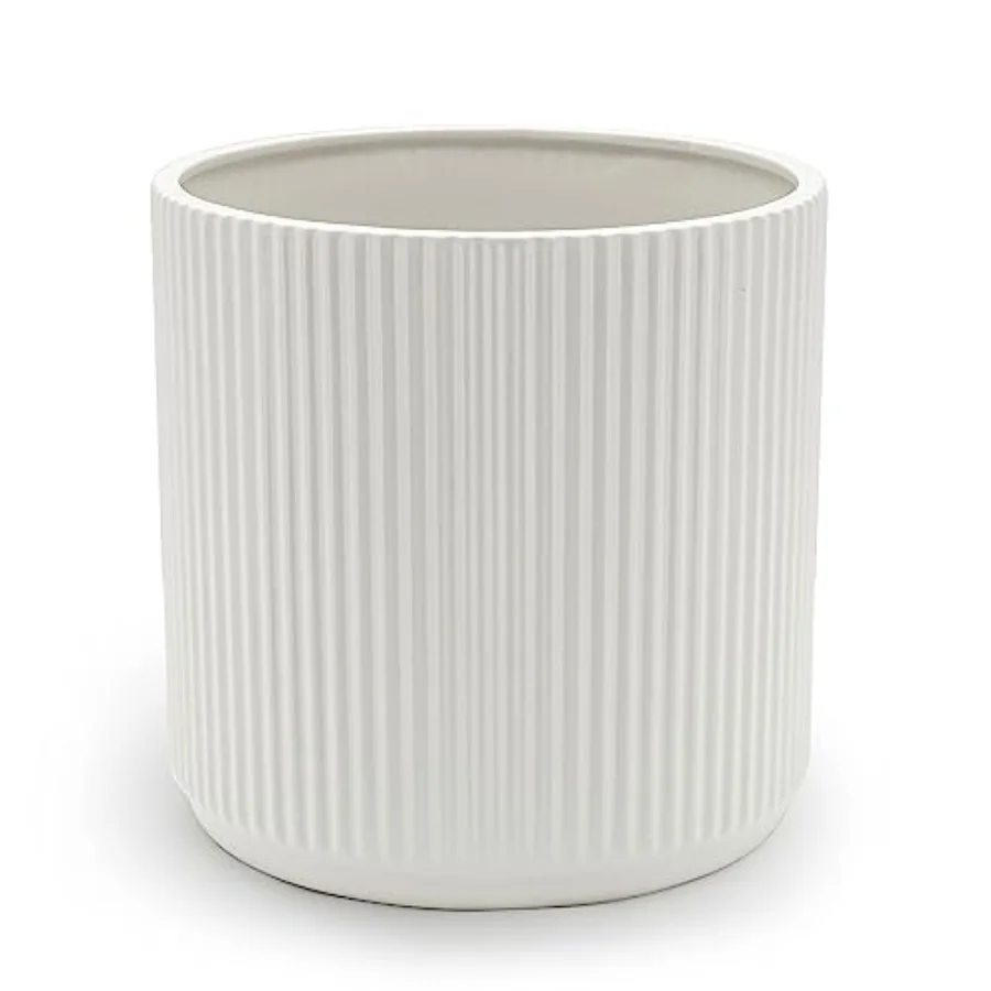 White Fluted Round Ceramic Planter With Drainage Hole, Frost-Resistant for Indoor & Outdoor
