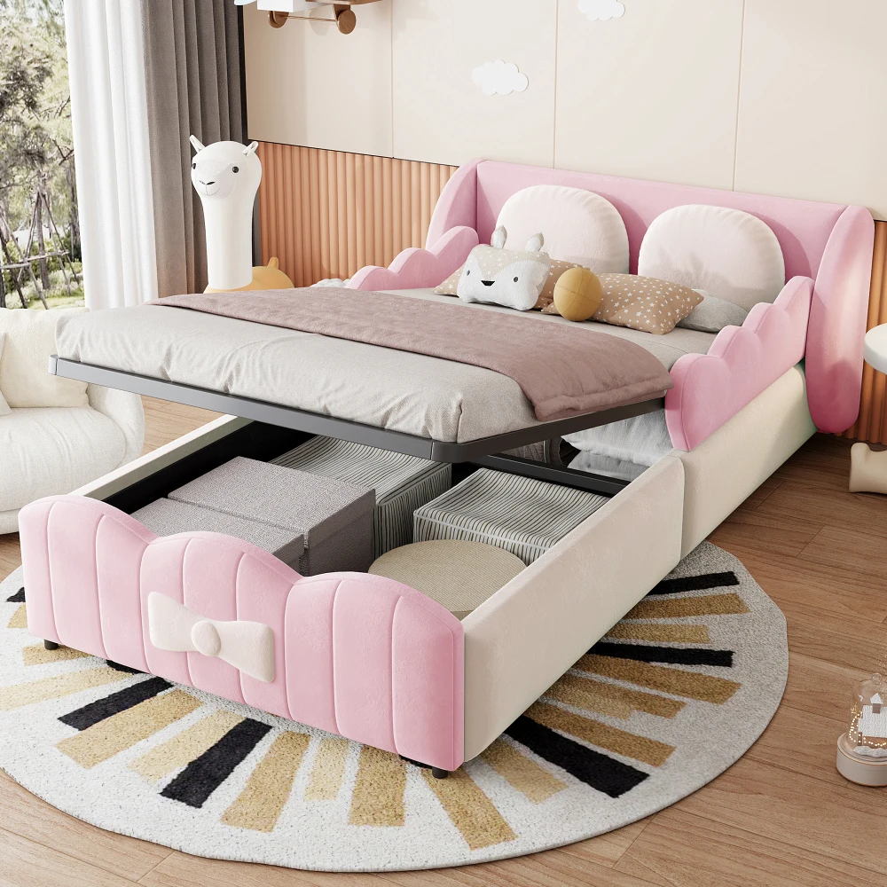 Gepolstertes Einzelbett 90x200 cm, Samt-Bettgestell mit hydraulischem Stauraum und 2 großen dekorativen Kissen, Stauraumbett für Kinderzimmer, Jungen- und Mädchenzimmer, gepolstertes Einzelbett mit