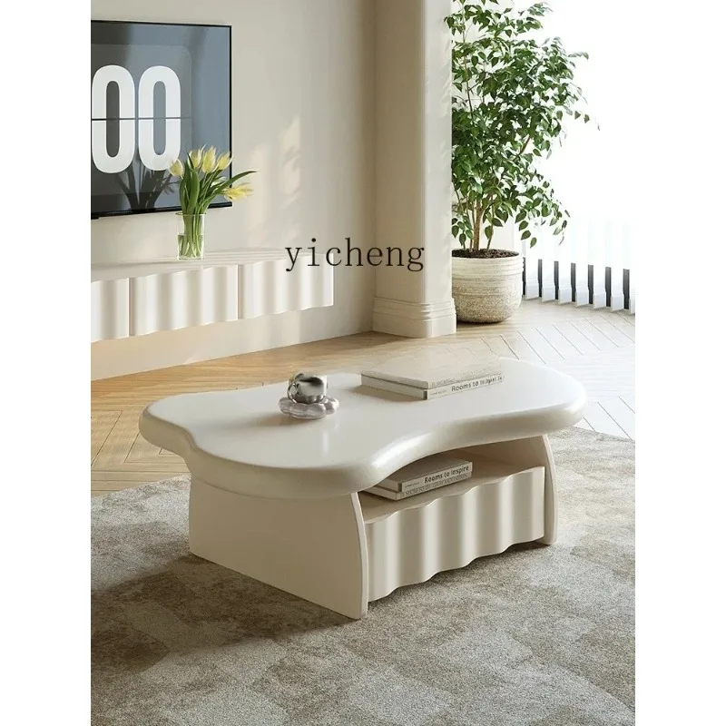 CJ-29 French Cream Wind Wave Coffee Table Small Apartment Living Room Household Solid Wood White Coffee Table