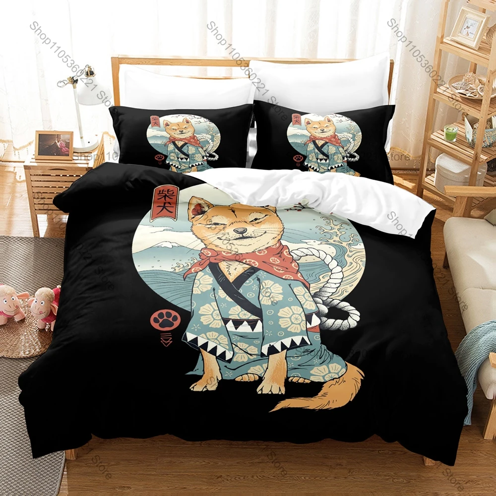 Cool Japanese Samurai Cat Bedding Set Duvet Cover + 2 Pillowcases Cute Ninja Cat Katana Sakura Ukiyo-e Bedroom Decor