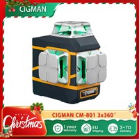 CIGMAN CM-801 3x360° Self Leveling Laser Level, 3D Green Cross Line, IP54, with Dual Rechargeable Batteries, Remote Controller