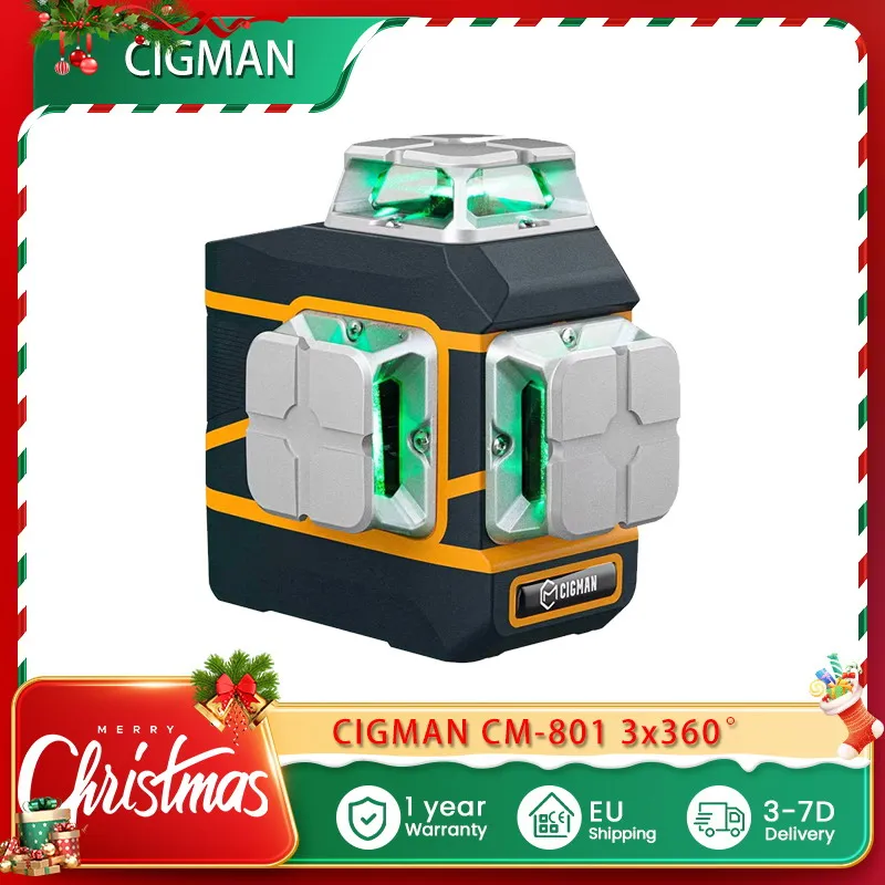 CIGMAN CM-801 3x360° Self Leveling Laser Level, 3D Green Cross Line, IP54, with Dual Rechargeable Batteries, Remote Controller