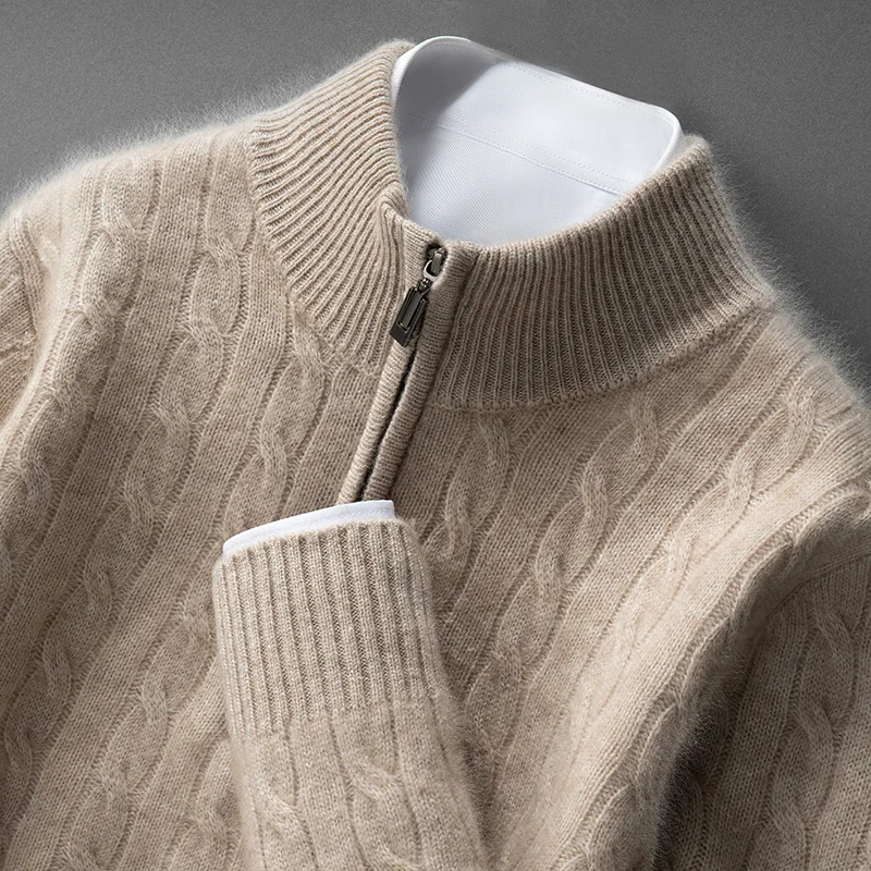 CHICUU 남성용 100% 캐시미어 스웨터 목폴라 지퍼 케이블 니트 풀오버 가을 겨울 두꺼운 따뜻한 프레피 스타일 캐시미어 니트웨어