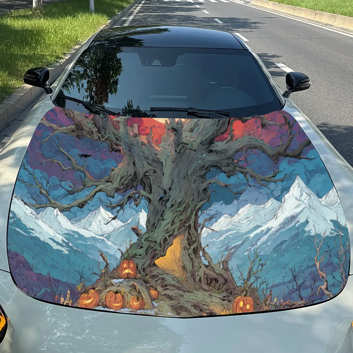 

Halloween Tree with Pumpkins Car Engine Hood Vinyl Wraps Sticker, Trendy Auto Cover Decal, Waterproof Self-adhesive Vehicle Deca