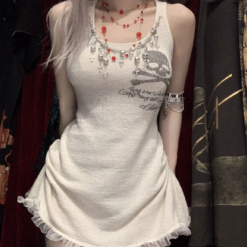 2023 Summer New Drawstring Spliced Lace European and American Short Styles Sleeveless Slim Solid Color Printed A-line Skirt