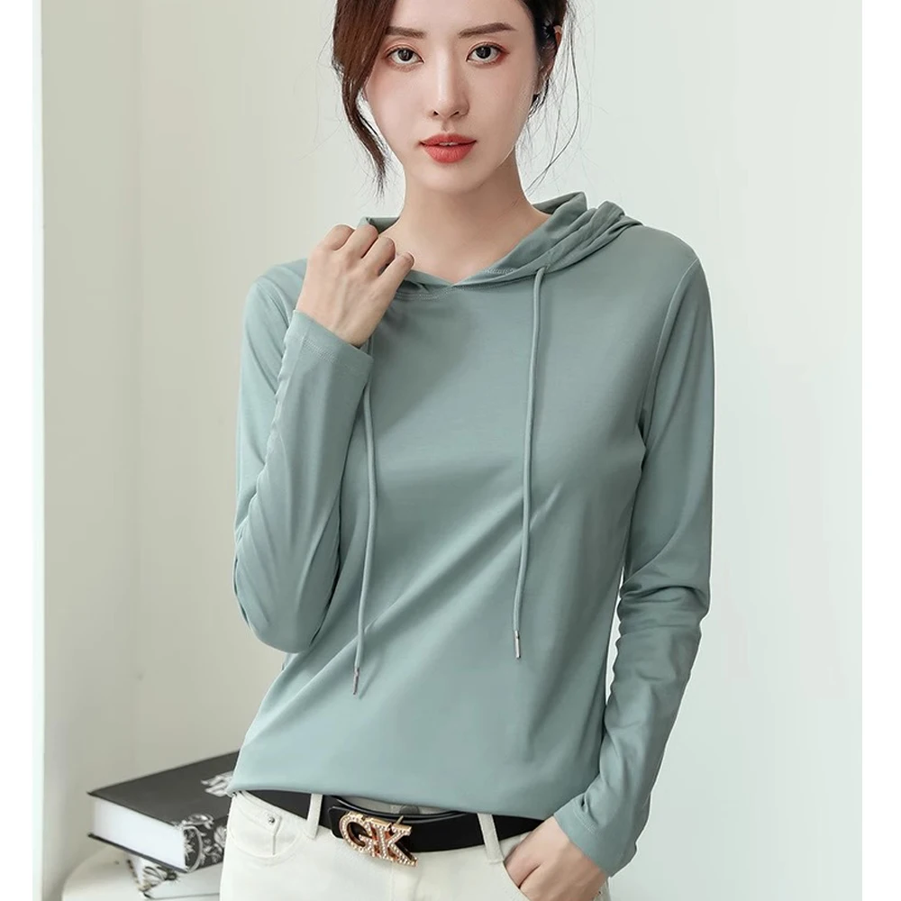 Silky cotton hooded sweatshirt T-shirt for women in spring 2025 new pure cotton versatile light luxury thin fashion base shirt