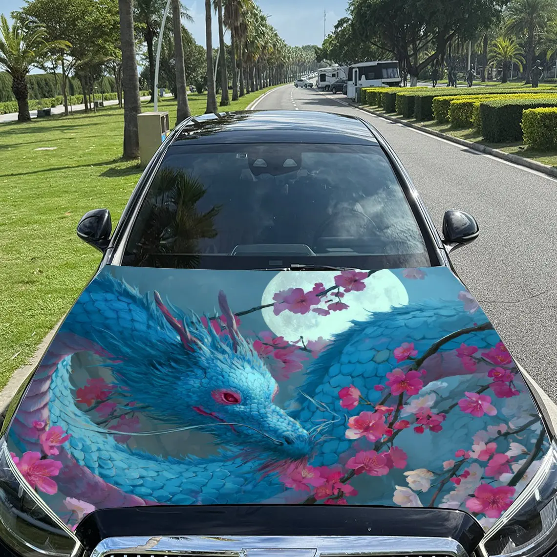 

Flower - Moon Blue Dragon Print car hood stickers, waterproof self-adhesive, scratch resistant, easy to stick, durable car PVC s
