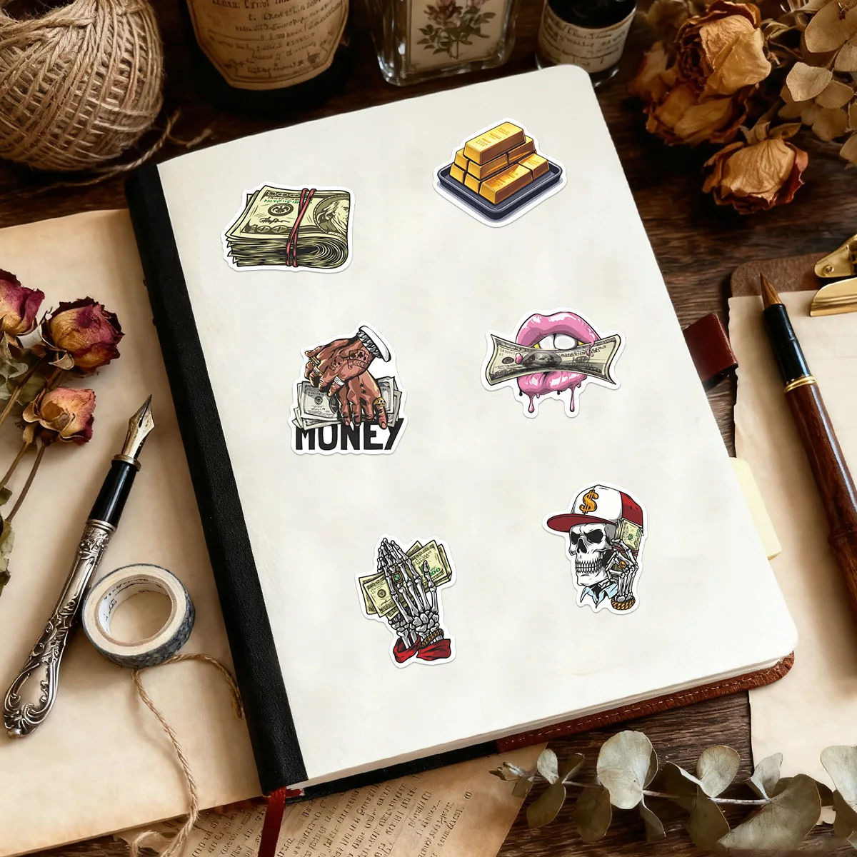 50 pièces dessin animé Dollar signe rétro argent Graffiti autocollant bricolage décoration PVC étanche Skateboard cahier Graffiti jouet