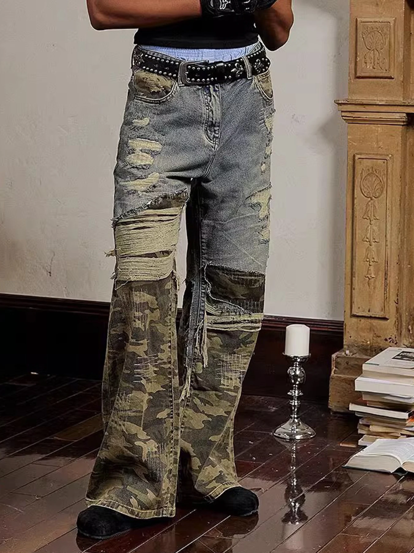 

Men's high-end jeans straight leg pants ripped stitching design trend personality fashion high street style men's pants