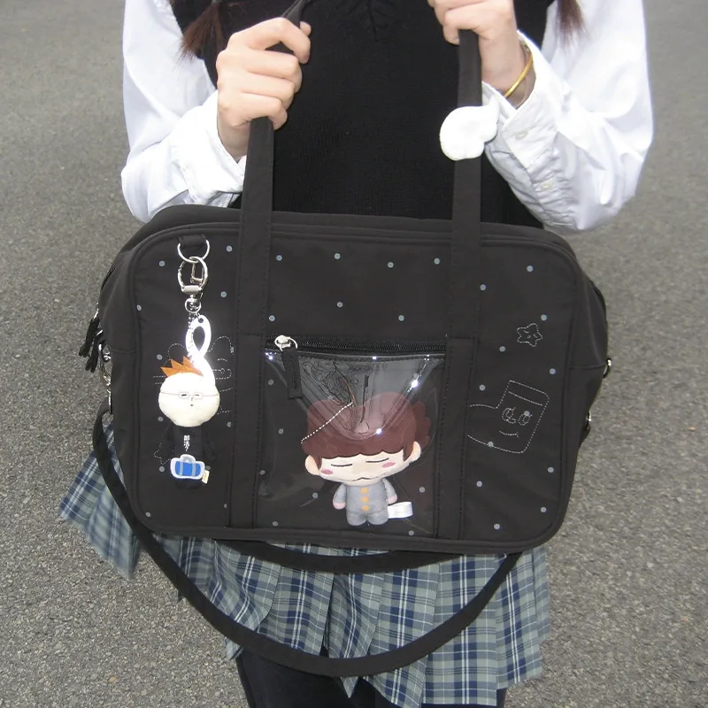 Black Japanese Shoulder Bag Girls High Capacity Student Uniform Bags Transparent Pocket Y2k Crossbody Itabags Dot Kawaii Handbag