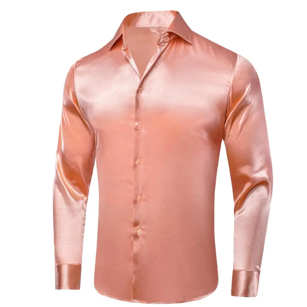 Hi-Tie Mens Shirts Windsor Salmon Pink Silk Satin Collar Long Sleeve Solid Social Dress Suit Shirt for Male Wedding Business XXL