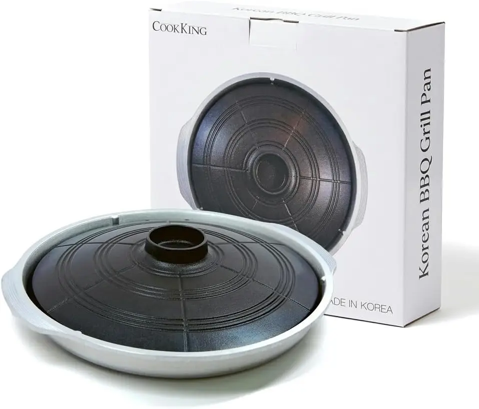 

- Korean Traditional BBQ Grill Pan, Cauldron Lid Shape - Stovetop Nonstick Indoor/Outdoor Smokeless BBQ Cast Aluminum Gr