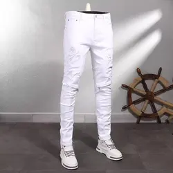 Street Fashion Men Jeans White Elastic Stretch Skinny Fit Ripped Jeans Men Zipper Designer Beading Patch Hip Hop Denim Pants