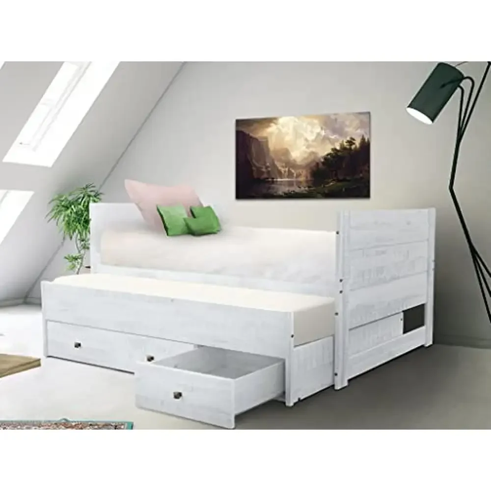 Rustic White Twin Bed with Trundle 3 Drawers Pine Material No Box Spring Needed Transitional Style 200lb Max Weight