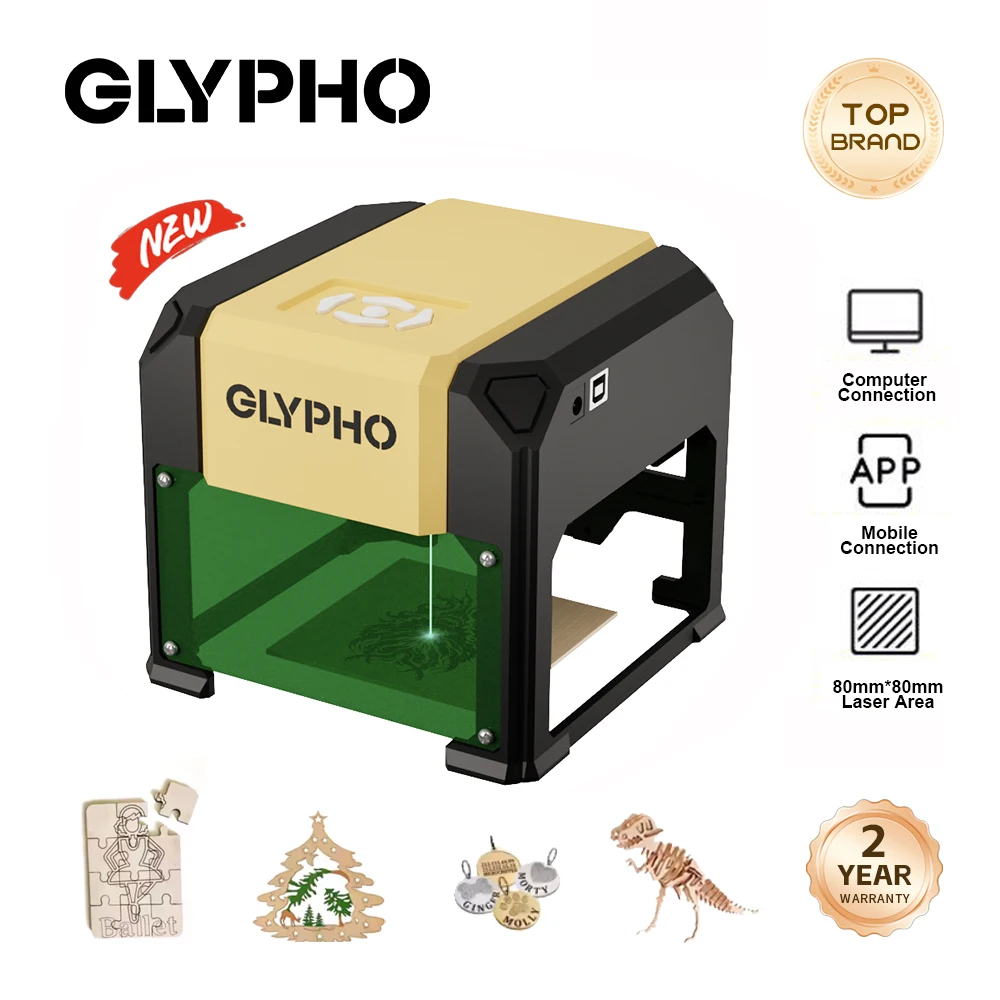 GLYPHO Laser Engraver Machine 3000mW CNC Highly Accurate Portable 80mm*80MM Engraving Cutting For Dog Tag Paper Leather Wood DIY