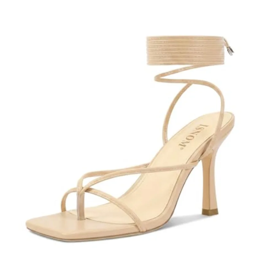 

ISNOM Lace Up Heels Sandals for Women, Square Toe, Open Toe Thong, Stiletto Heels Design