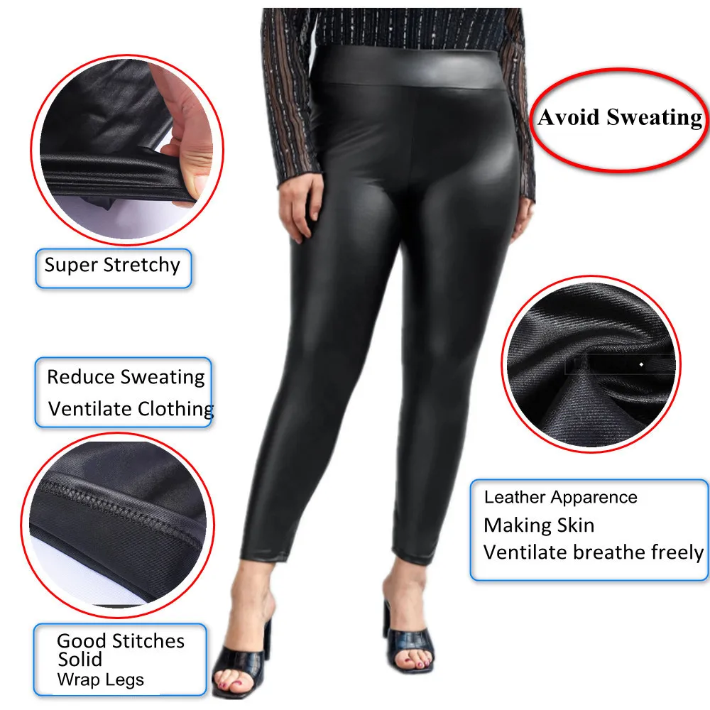 Plus Size Kunstleder-Leggings aus glänzendem Stoff, schwarze Mädchen-Spandex-Leggings aus Kunstleder, dehnbar, hohe Taille, Jegging, Vestir Elegante – Detail 7