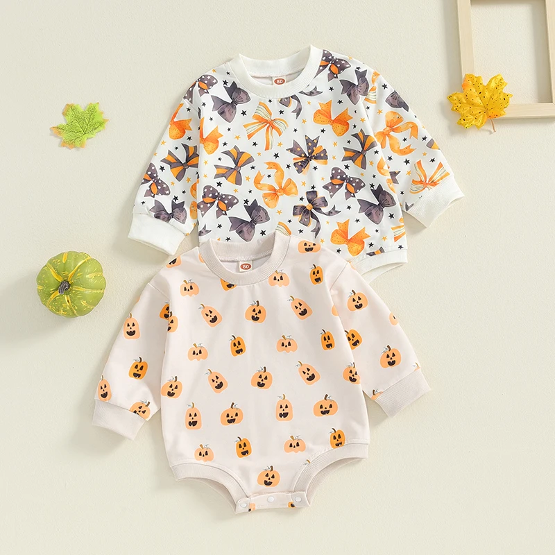 

Toddler Baby Boy Girl Halloween Outfit Pumpkin Bow Knot Print Round Neck Long Sleeve Sweatshirt Romper Infant Soft Bodysuit