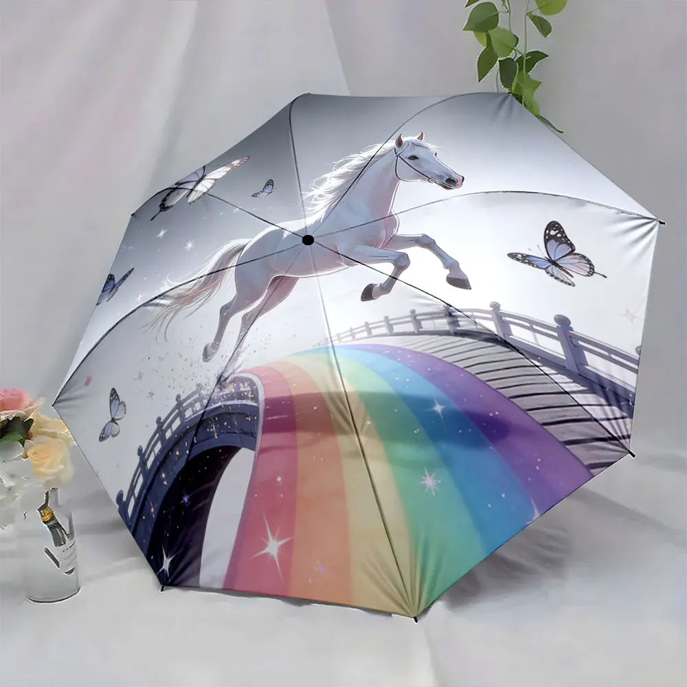 1PC Fantasy Horse on Rainbow Bridge Umbrella Design Print 8 Iron Ribs Folding Umbrella Auto-Open Fashion Sunshade