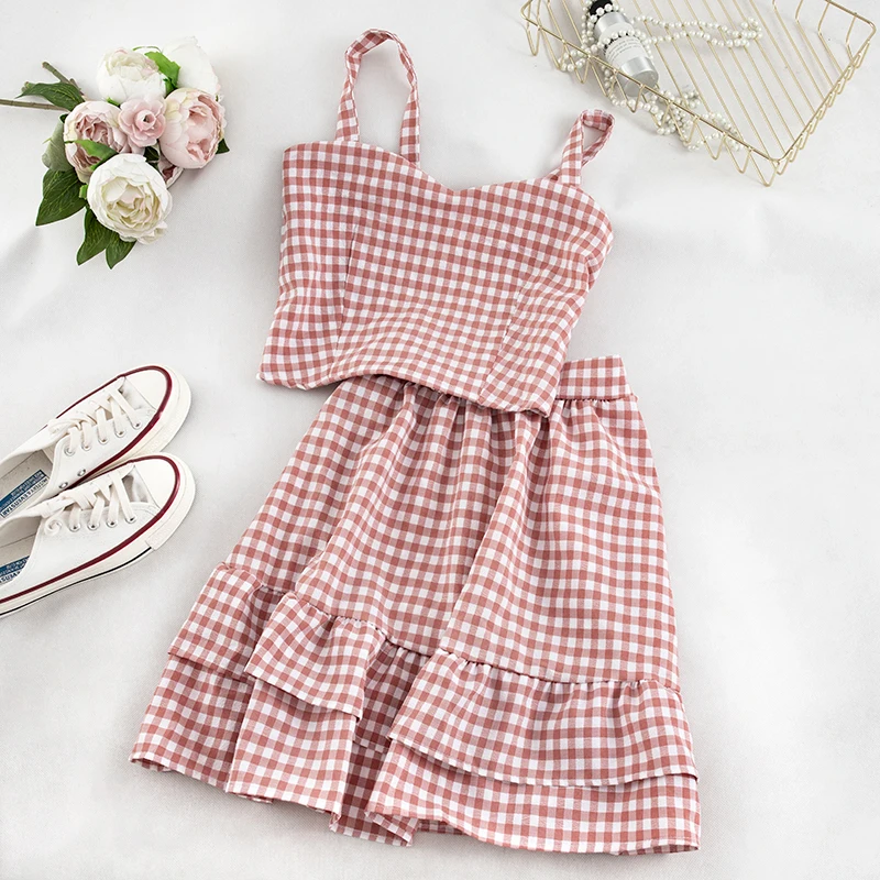 

ABRINI Women Two Pieces Sets Elastic Spaghetti Crop Tops And Flounce Hem Skirts Cute Outfits Plaid Sets For Women 2023 Summer