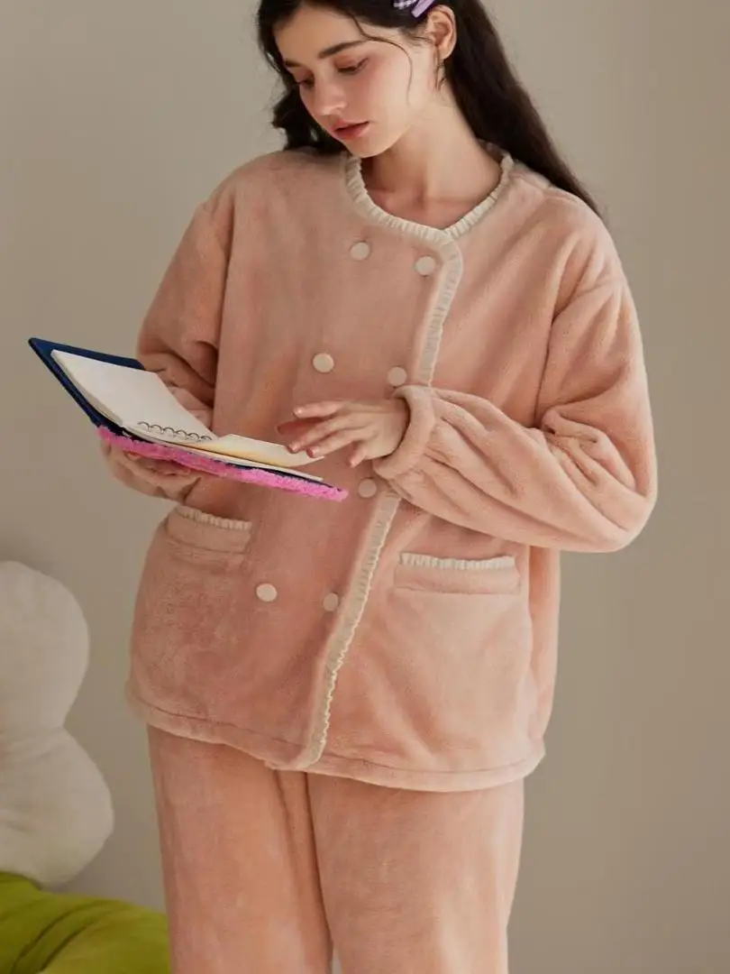 sweet-dr-coral-fce-women's-pajamas-winter-new-arrival-warm-home-clothes-set-pink-girl-cute-button-front-long-sve-pants