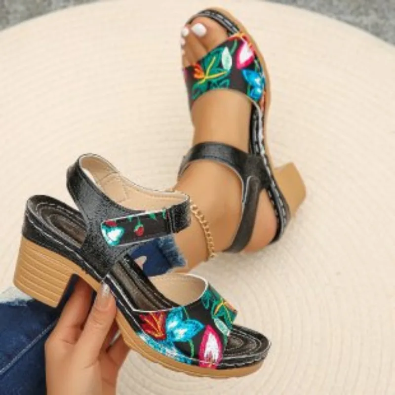 Women's Peep Toe Hihg Heel Sandals Summer Gladiator Shoes Chunky Heel Platform Women's Sandals Flower Ladies Heeled Shoes image 4