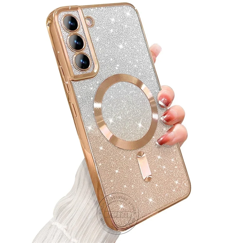 Glitter Bright Cover For Samsung Galaxy S25 S24 S23 S22 S21 S20 Plus FE Note20 Ultra Case Plating Wireless MagSafe Magnetic
