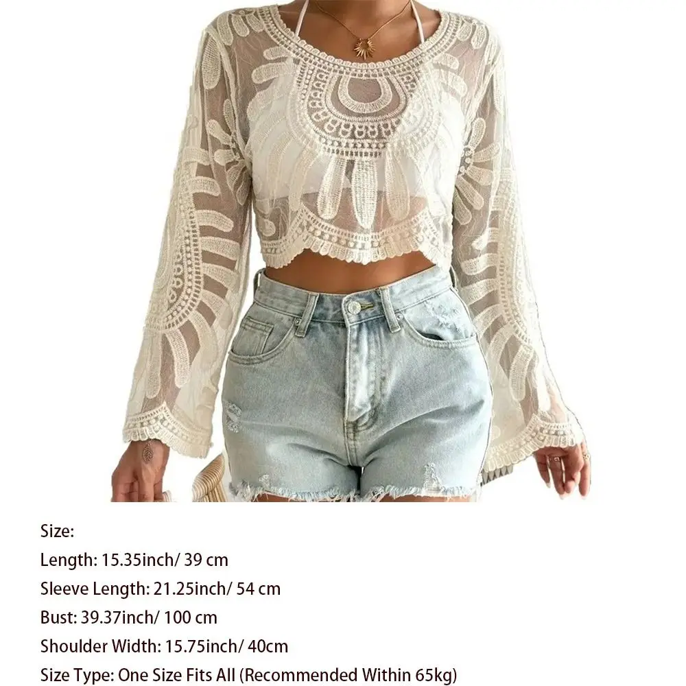Halbtransparentes Cover-Up mit Blumenstickerei für Damen, langärmelig, Rundhalsausschnitt, Boho-Spitzenoberteil für Damen, durchsichtiges Strand-Coverup für den Außenbereich