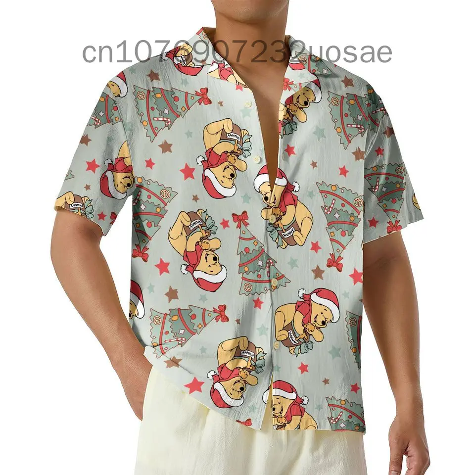 Disney Winnie The Bear Christmas Hawaiian Shirt Men's And Women's Short Sleeve Button Up Shirt Casual Beach Hawaiian Shirt